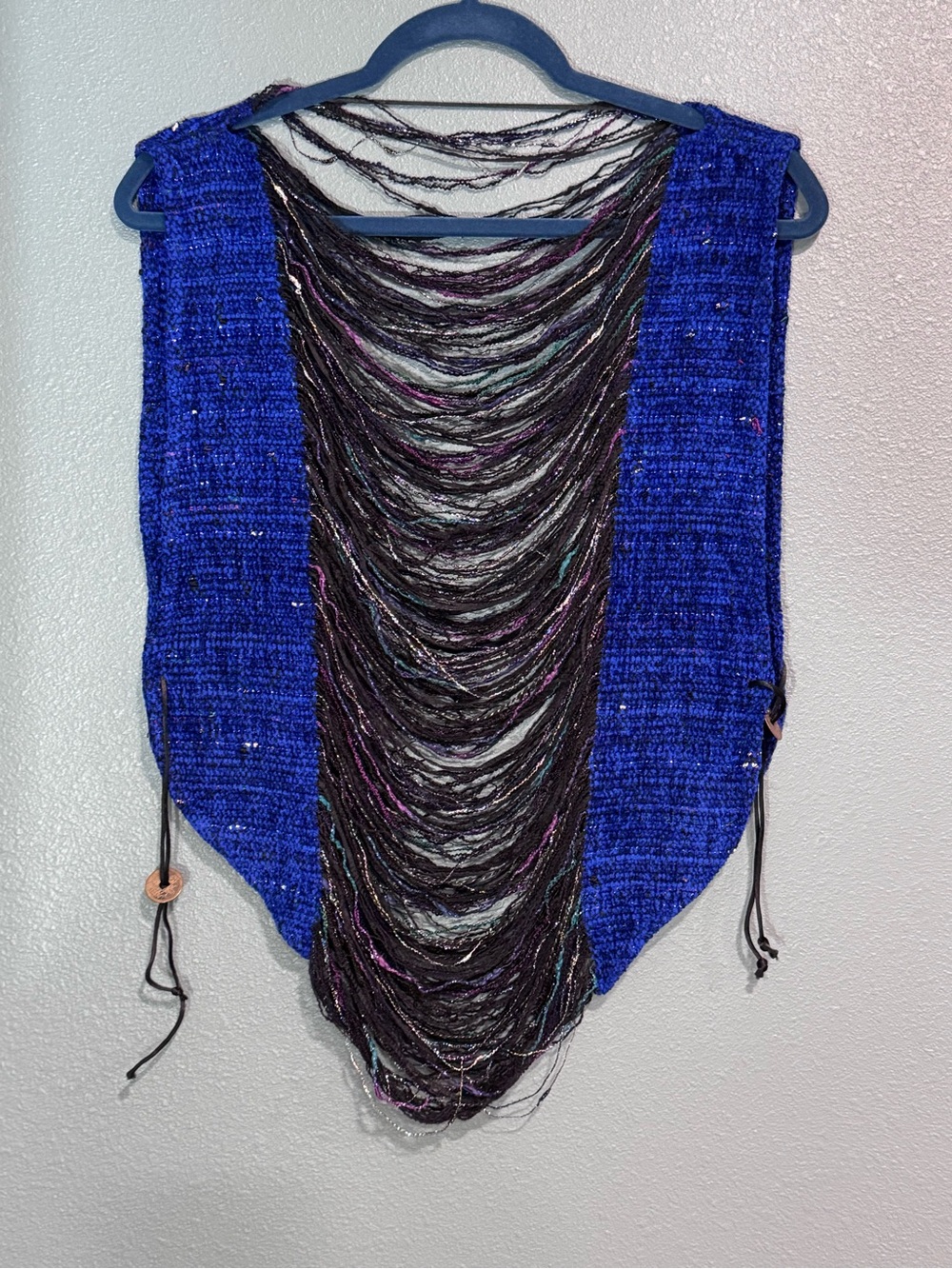Boho Royal Blue Open Knit Fringe Vest Asian Chinese Coin Accent